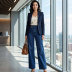 A pair of Arenzza women's high-waist wide-leg jeans with front pockets and a relaxed fit, shown on a hanger.