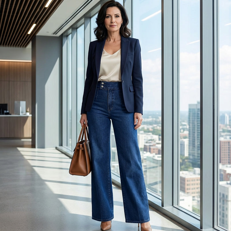 A pair of Arenzza women's high-waist wide-leg jeans with front pockets and a relaxed fit, shown on a hanger.