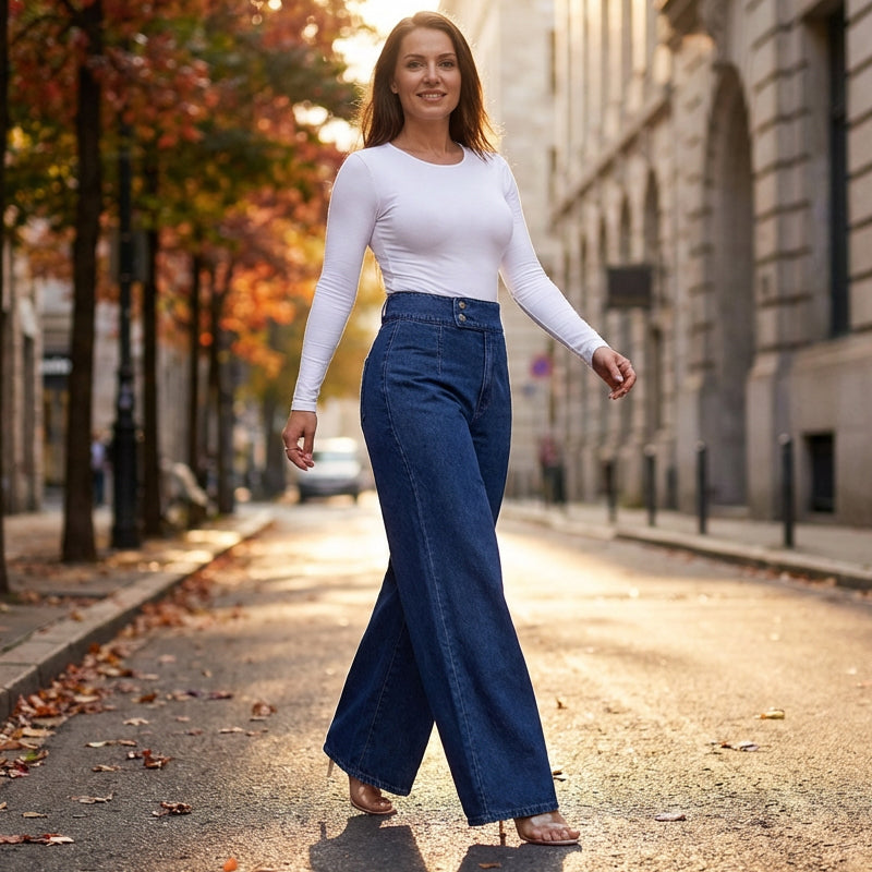 A woman wearing Arenzza women's high-waist wide-leg jeans, showcasing the relaxed fit and stylish design in a casual setting.