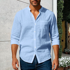 A men's linen long sleeve stand collar shirt by Arenzza, featuring a stylish and lightweight design for casual wear.