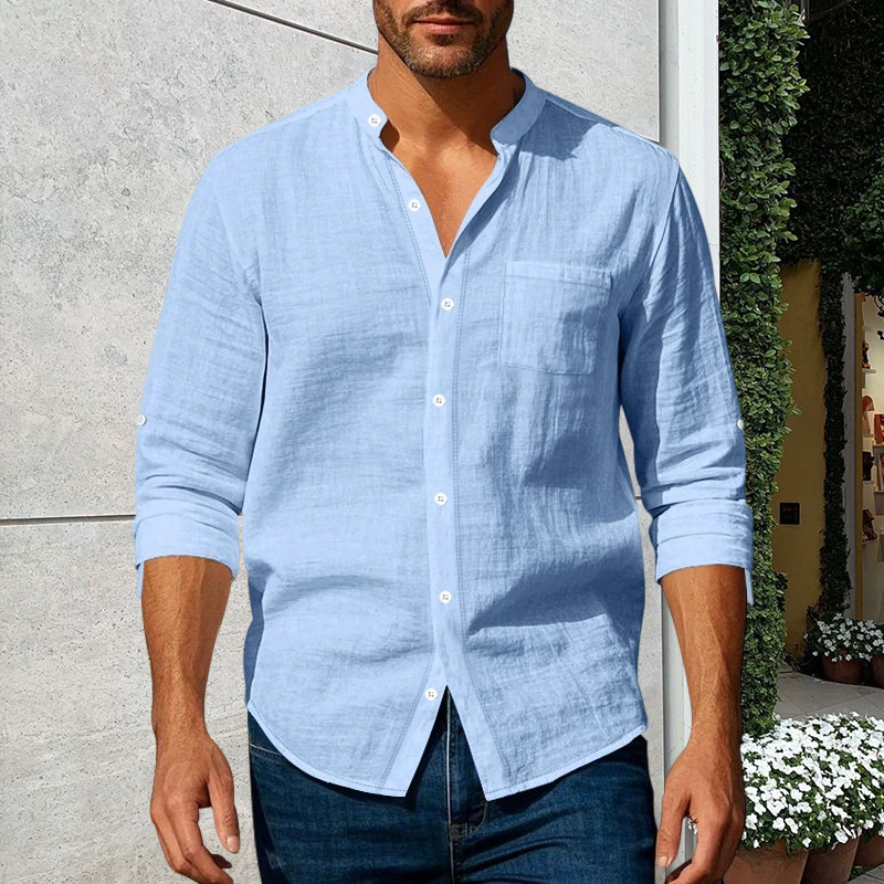 A men's linen long sleeve stand collar shirt by Arenzza, featuring a stylish and lightweight design for casual wear.