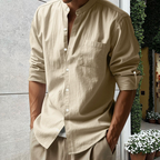 A men's linen long sleeve stand collar shirt by Arenzza, featuring a lightweight, breathable fabric in a stylish design.