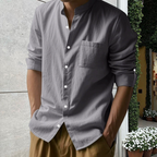 A men's linen long sleeve stand collar shirt by Arenzza, featuring a relaxed fit and stylish design, perfect for casual wear.