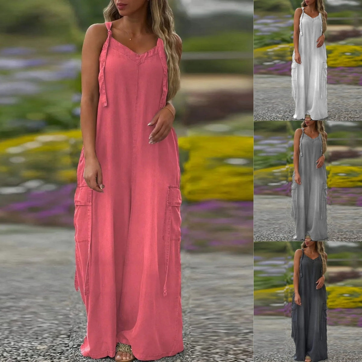 Aarenza women's loose wide-leg jumpsuit with pockets, featuring a comfortable fit and casual style in a neutral color.