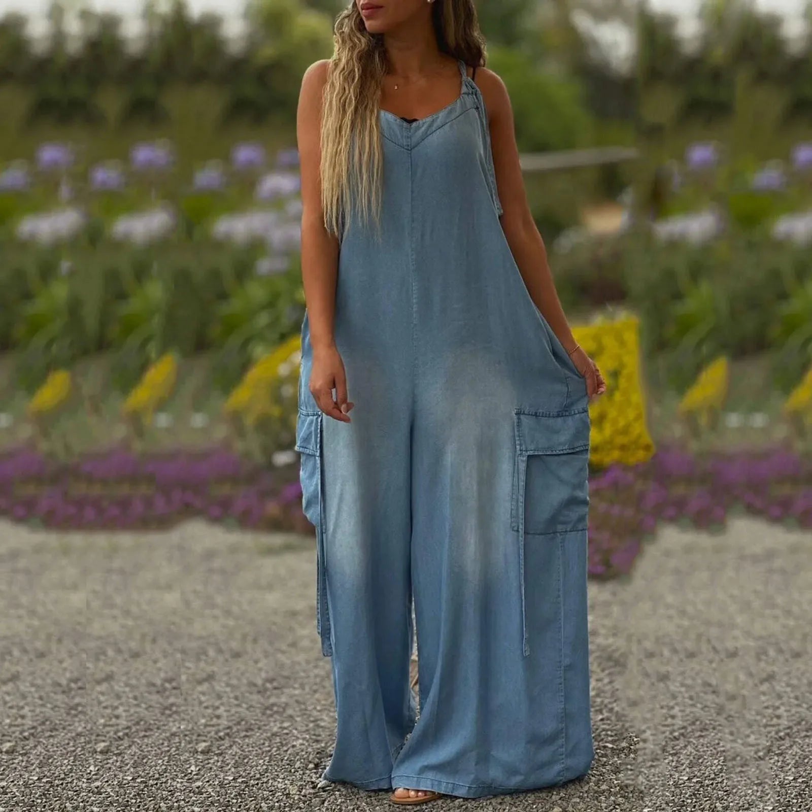Aarenza women's loose wide-leg jumpsuit with pockets, stylish and comfortable clothing with a relaxed fit and modern design.