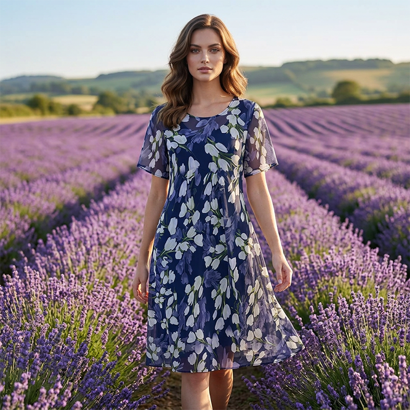 A tan short sleeve A-line knee-length party dress from Arenzza, featuring a fitted bodice and flowing skirt.