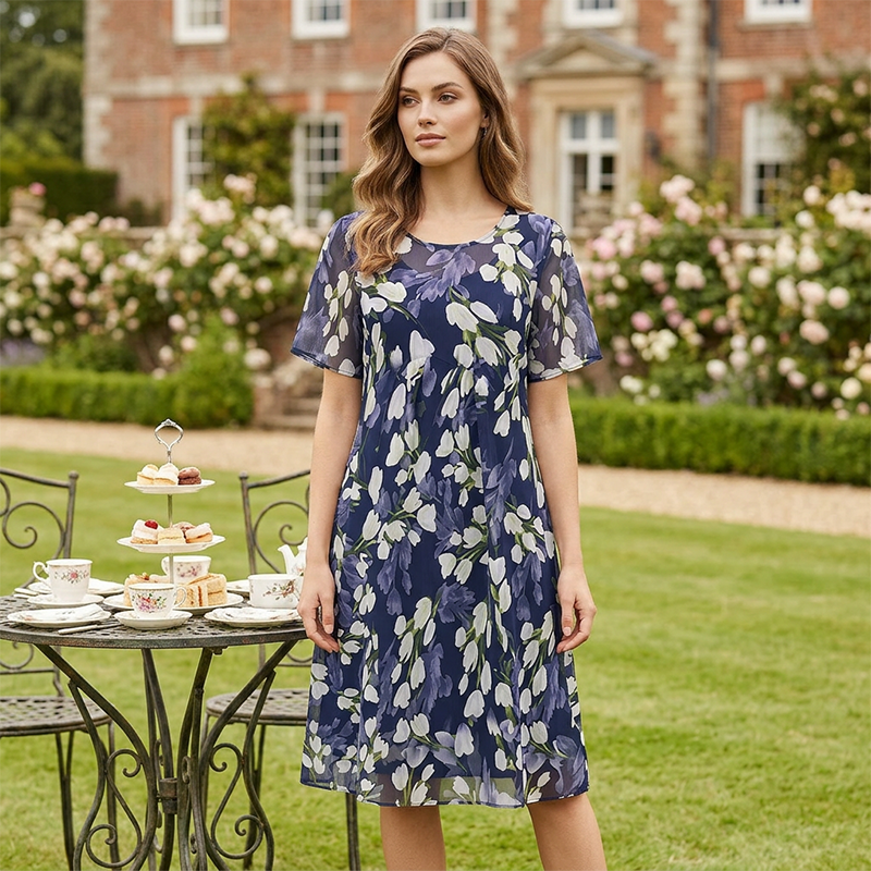 Aarenza short sleeve A-line knee-length party dress in vibrant fabric, perfect for elegant occasions.