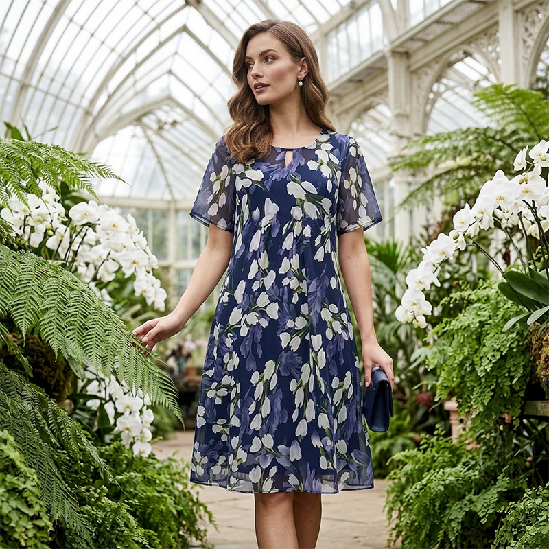 Aarenza short sleeve A-line knee-length party dress in vibrant fabric, displayed on a hanger with a simple background.