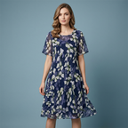 Aarenza short sleeve A-line knee-length party dress in vibrant fabric, styled for elegant occasions and evening wear.