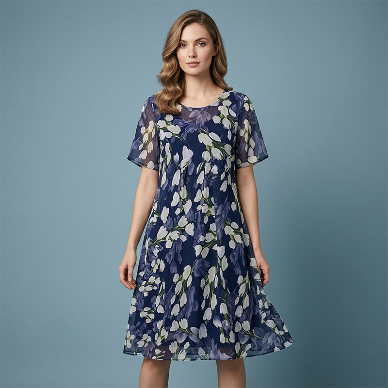 Aarenza short sleeve A-line knee-length party dress in vibrant fabric, styled for elegant occasions and evening wear.