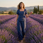 A stylish Arenzza clothing set featuring an asymmetrical square neckline top and wide-leg pants on a model.