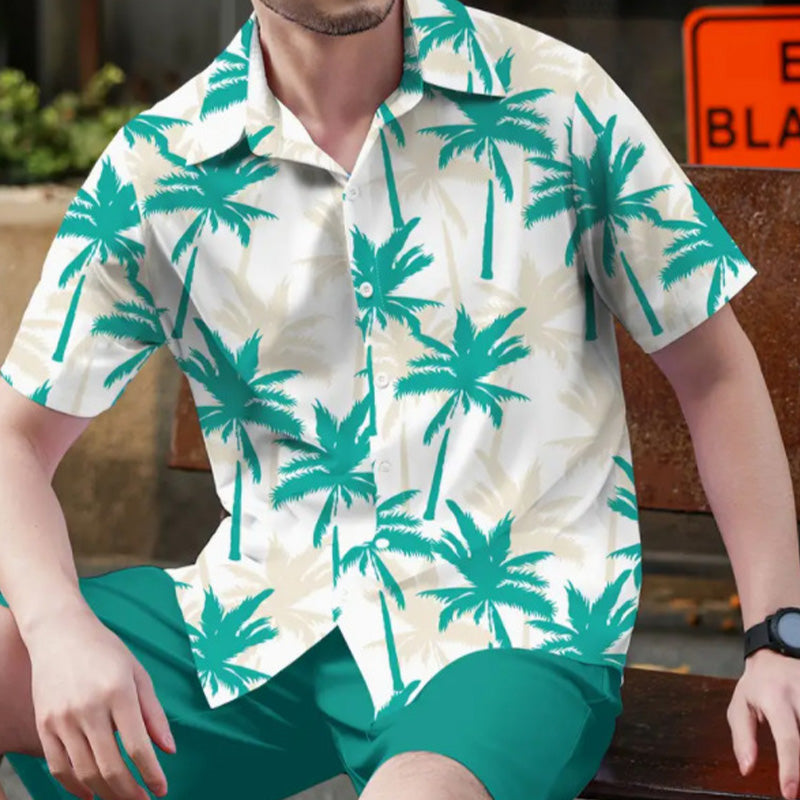 Men's tropical print shirt and shorts set by Arenzza, featuring vibrant summer vibe design and lightweight fabric.