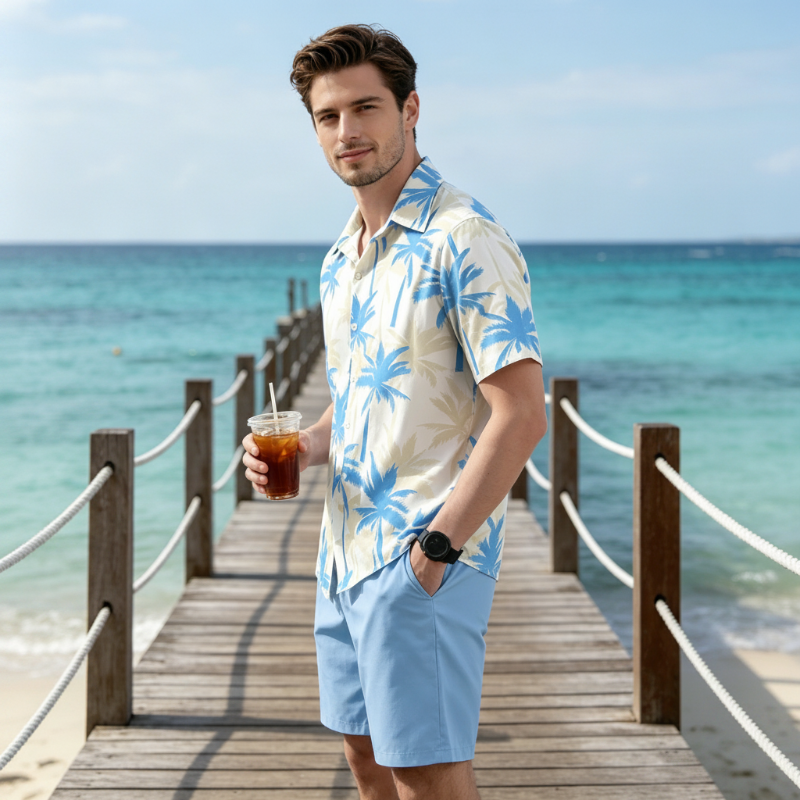 Men's tropical print shirt and shorts set by Arenzza, perfect for summer, featuring vibrant palm tree and beach-inspired designs.