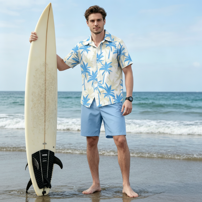 Men's tropical print shirt and shorts set by Arenzza, featuring vibrant summer vibes, perfect for beach or casual wear.