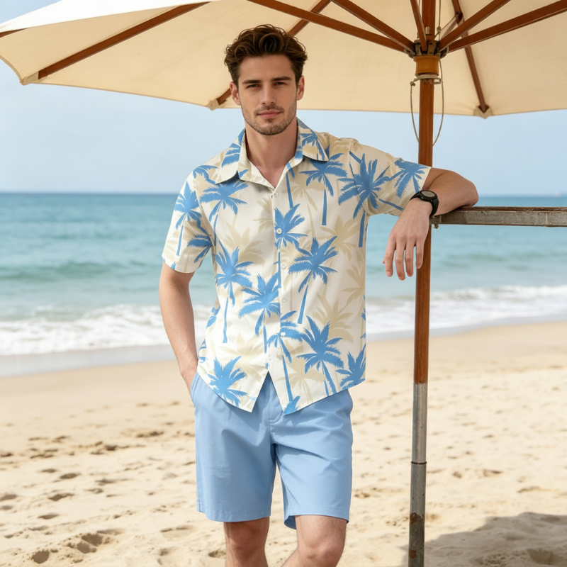 Men's tropical print shirt and shorts set from Arenzza, featuring vibrant summer-themed tropical patterns and lightweight fabric.