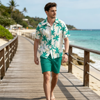 Men's tropical print shirt and shorts set by Arenzza featuring vibrant summer vibes and lightweight fabric for warm weather.