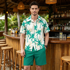 Men's tropical print shirt and shorts set by Arenzza, perfect for summer, featuring vibrant island-inspired floral and palm leaf designs.