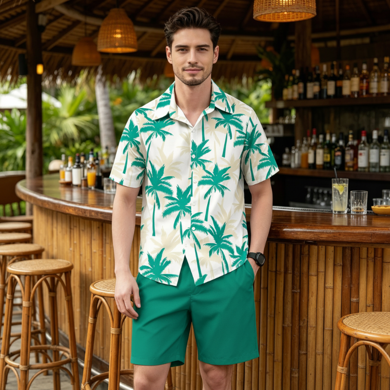 Men's tropical print shirt and shorts set by Arenzza, perfect for summer, featuring vibrant island-inspired floral and palm leaf designs.