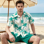 Men's tropical print shirt and shorts set by Arenzza featuring vibrant summer Vibes Only design, perfect for warm weather.