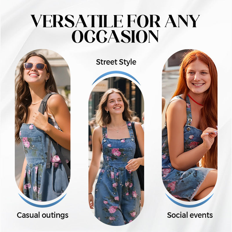 A vintage floral printed denim jumpsuit by Arenzza featuring a stylish design with colorful flower patterns and a casual fit.