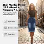 Women’s high-waist frayed hem denim skirt from Arenzza, showcasing the stylish denim fabric and distressed hem detail.