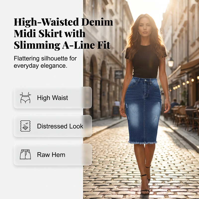 Women’s high-waist frayed hem denim skirt from Arenzza, showcasing the stylish denim fabric and distressed hem detail.