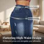 A women's high-waist frayed hem denim skirt by Arenzza, shown from the front with distressed details and classic blue denim.