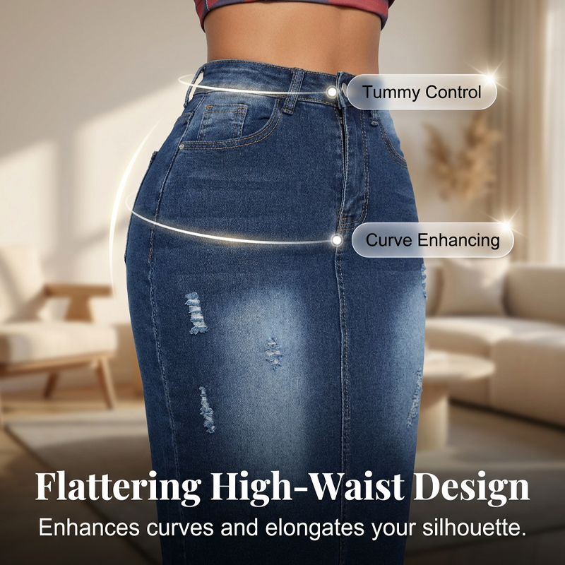 A women's high-waist frayed hem denim skirt by Arenzza, shown from the front with distressed details and classic blue denim.