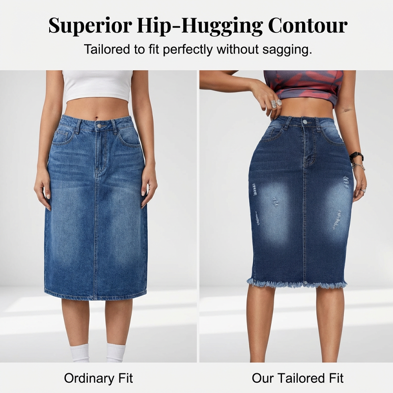 A women's high-waist denim skirt with frayed hem from Arenzza, showcasing a stylish casual look in a front view image.