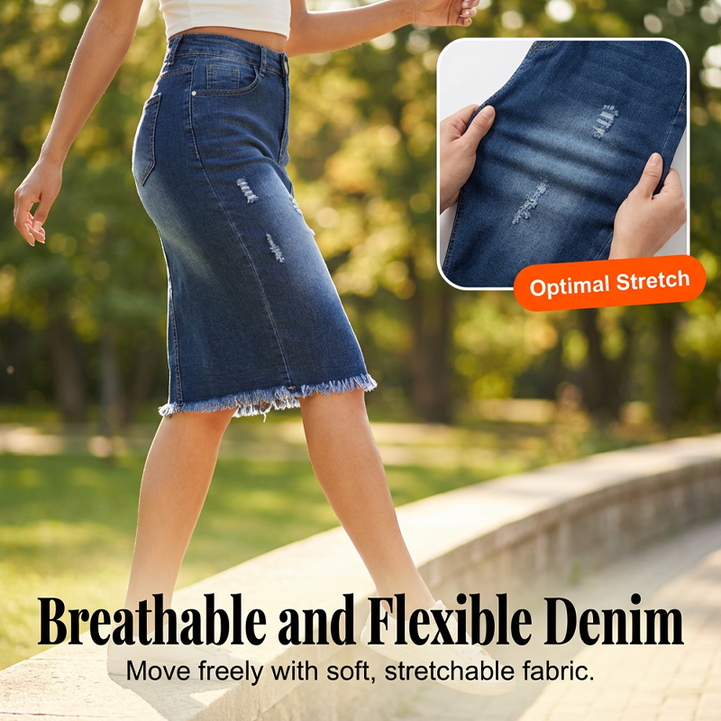A women's high-waist frayed hem denim skirt by Arenzza, showcasing distressed edges and classic blue denim fabric.