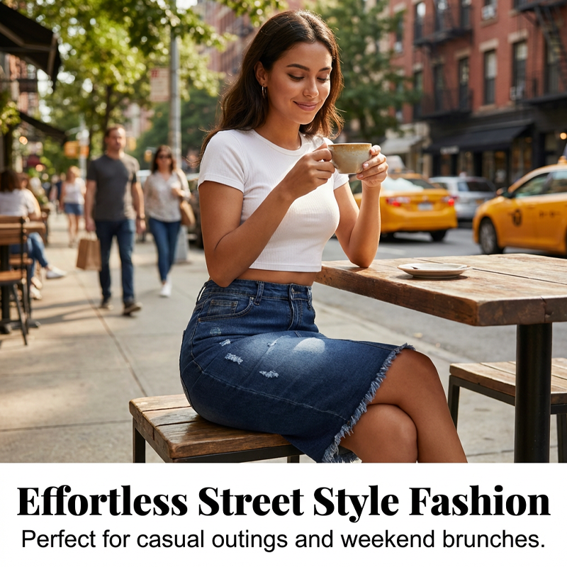 A women's high-waist frayed hem denim skirt by Arenzza, showing the distressed hem and classic denim wash.