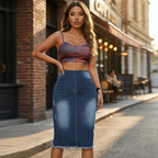 Women's high-waist frayed hem denim skirt by Arenzza, showcasing a stylish blue denim fabric with distressed hem detail.