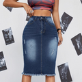 Women's high-waist denim skirt with frayed hem, Arenzza fashion, showcasing the stylish waistband and distressed denim details.