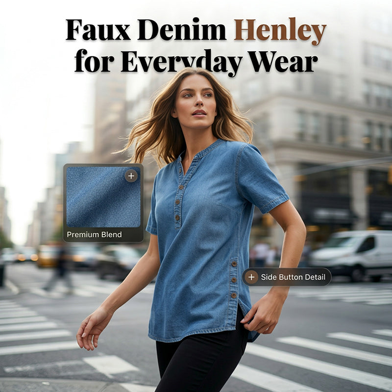 Women's breathable casual denim-look top by Arenzza, featuring a relaxed fit and stylish denim appearance.