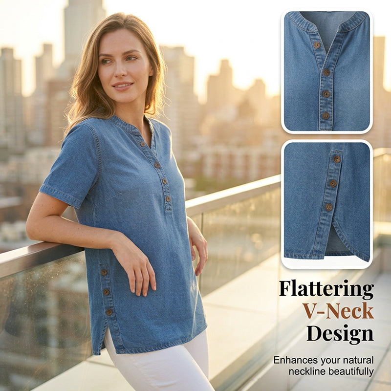 Women's breathable casual denim look top by Arenzza, featuring a stylish denim-inspired design and comfortable fit.