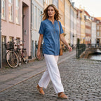 Women's breathable casual denim look top by Arenzza, featuring a stylish denim-inspired design and comfortable fit.