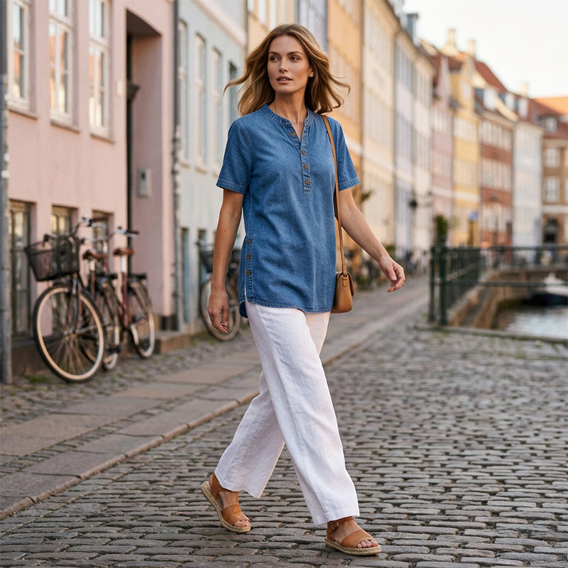 Women's breathable casual denim look top by Arenzza, featuring a stylish denim-inspired design and comfortable fit.