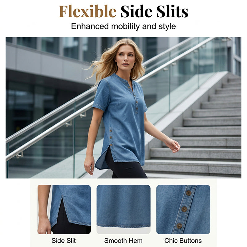 Aarenza women's breathable casual denim-look top with a relaxed fit, featuring a stylish denim appearance and comfortable fabric.