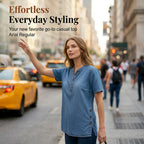 A woman wearing a breathable denim-look casual top from Arenzza, showcasing the relaxed fit and stylish design.