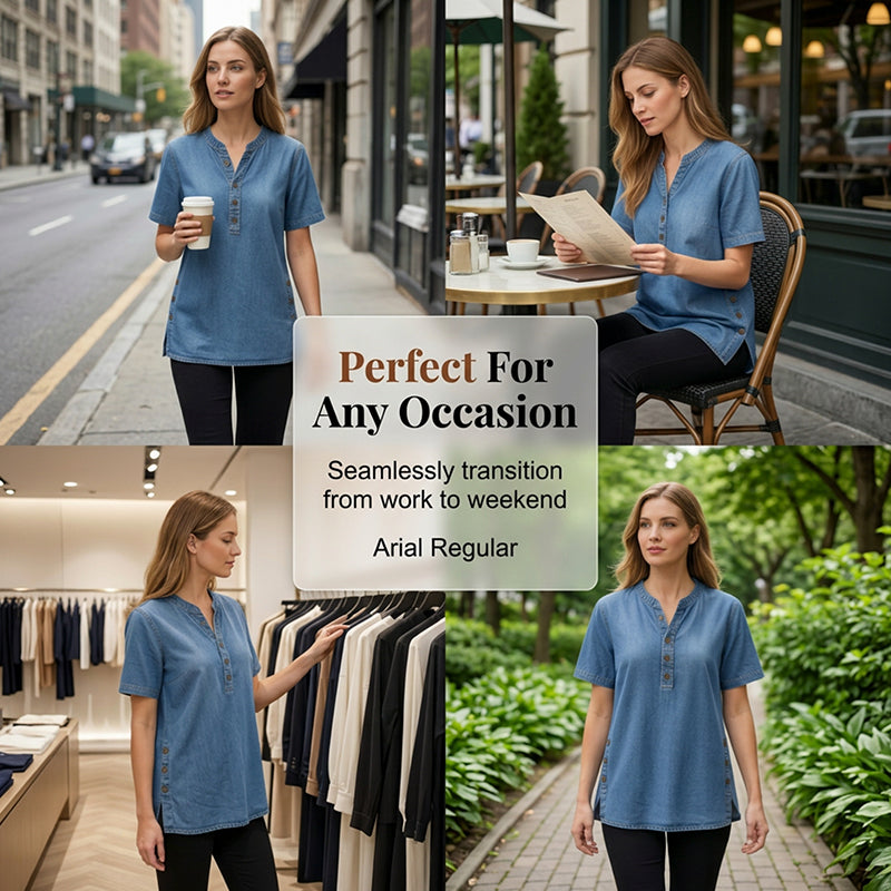 Women's breathable casual denim look top by Arenzza, featuring a relaxed fit, denim style, and comfortable fabric.