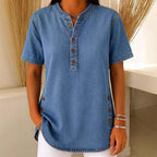 A woman wearing a breathable casual denim-look top from Arenzza, featuring a relaxed fit and stylish design.