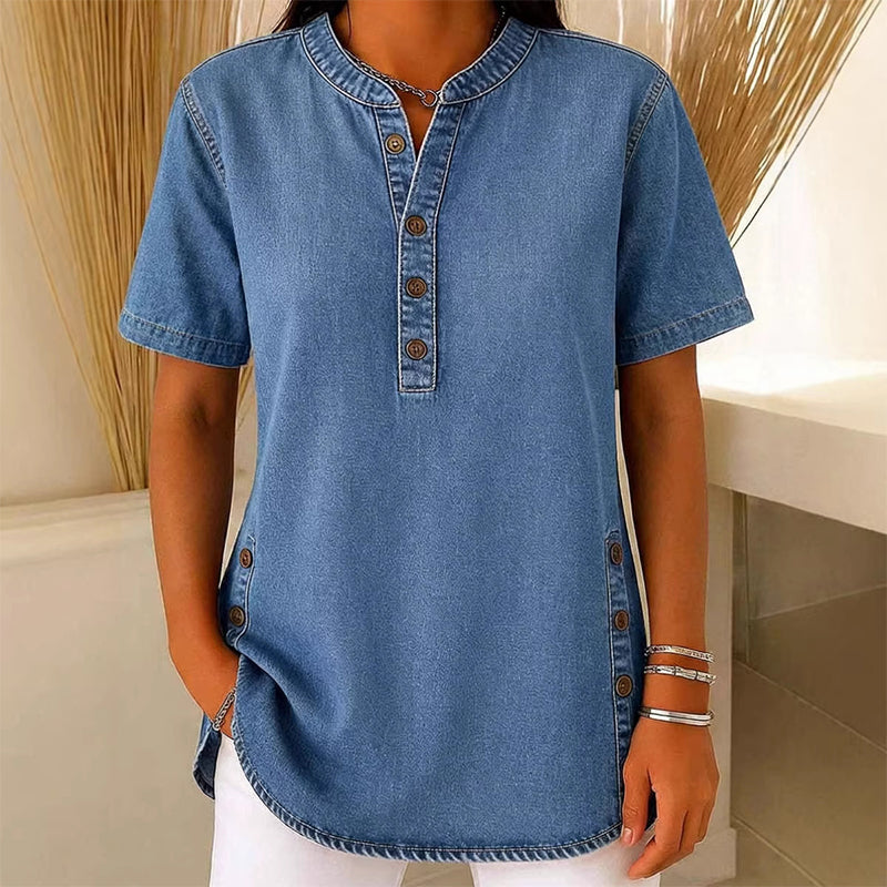 A woman wearing a breathable casual denim-look top from Arenzza, featuring a relaxed fit and stylish design.