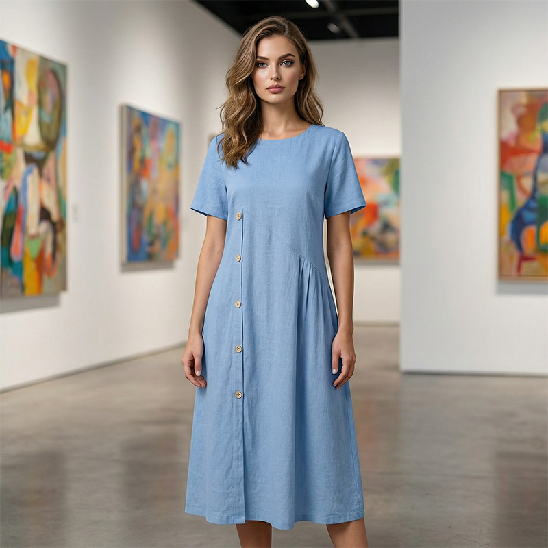Women's casual midi dress by Arenzza with irregular button details, showcasing a flowy fabric and stylish design.