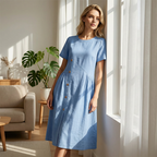 A women's casual midi dress by Arenzza featuring irregular button details and a relaxed fit, displayed on a hanger.