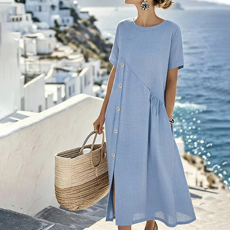 Aarenza women's casual midi dress with irregular buttons, lightweight fabric, and a relaxed fit, perfect for everyday wear.