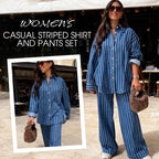 Women's casual striped shirt and pants set by Arenzza, featuring comfortable, stylish matching clothing with vertical stripe pattern.