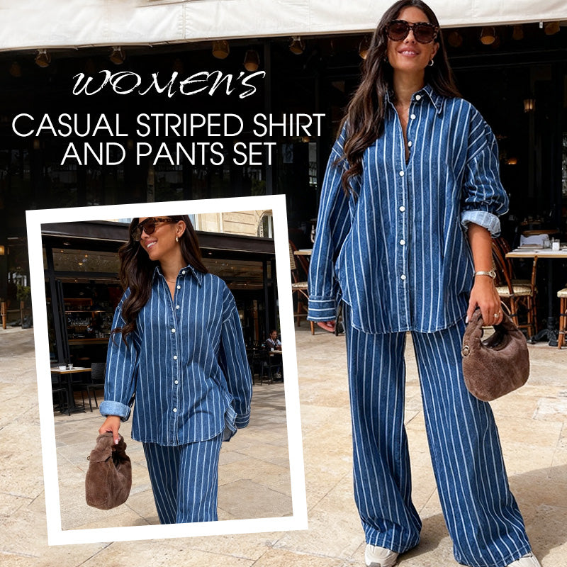Women's casual striped shirt and pants set by Arenzza, featuring comfortable, stylish matching clothing with vertical stripe pattern.