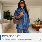 A woman wearing Arenzza women's casual striped shirt and matching pants set, stylish and comfortable everyday clothing.
