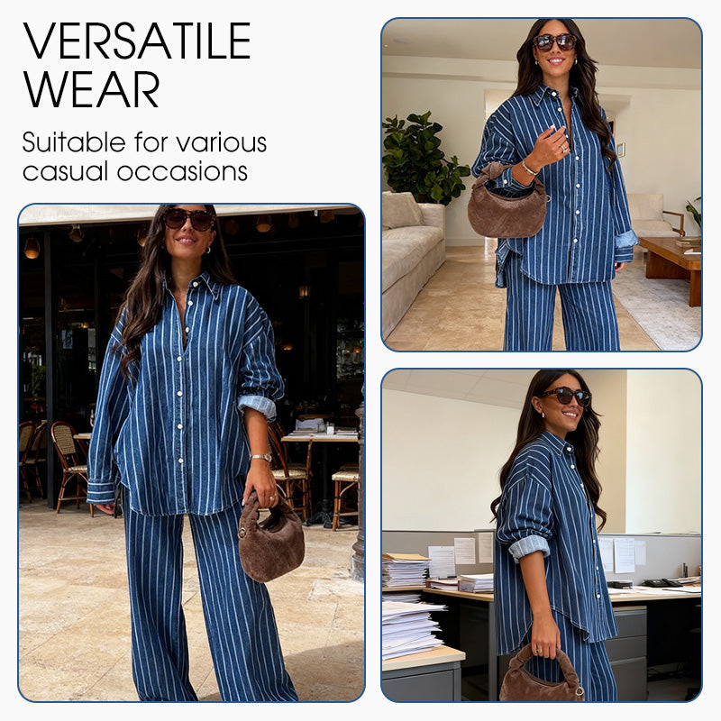 A woman wearing a striped shirt and matching pants set by Arenzza, casual clothing for women, shown on a model.