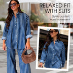 Women's Arenzza casual striped shirt and pants set, featuring a relaxed fit and stylish design, shown on a model.